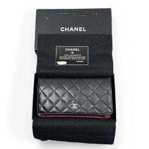 Chanel Black Caviar Quilted & Red Interior Leather Long Wallet with Box & Card